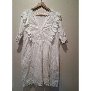Jennifer & Grace Est Sz L White Eyelet Lace Embroidery Elbow Slv Boho Mini Dress